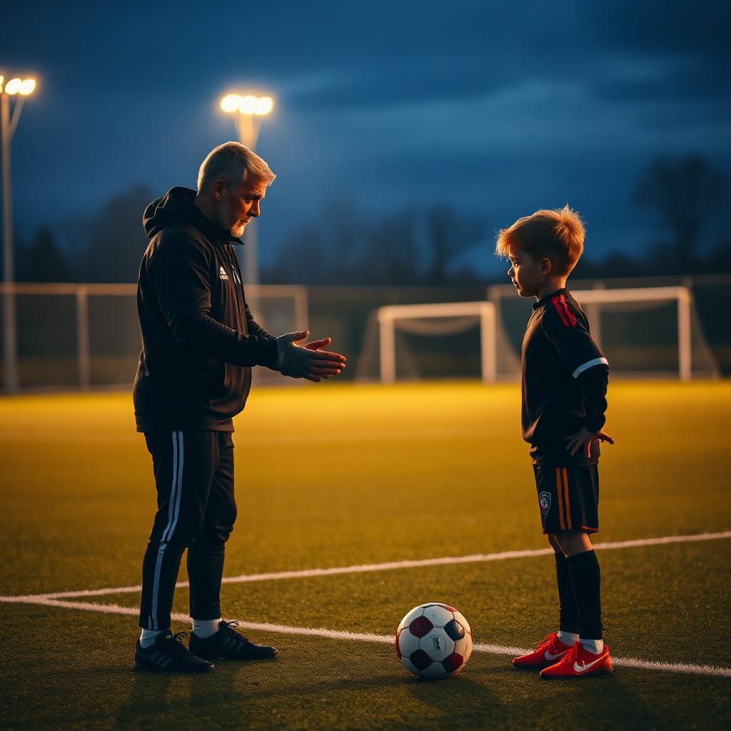 Soccer Warriors coach mentoring a young player on a floodlit pitch at dusk